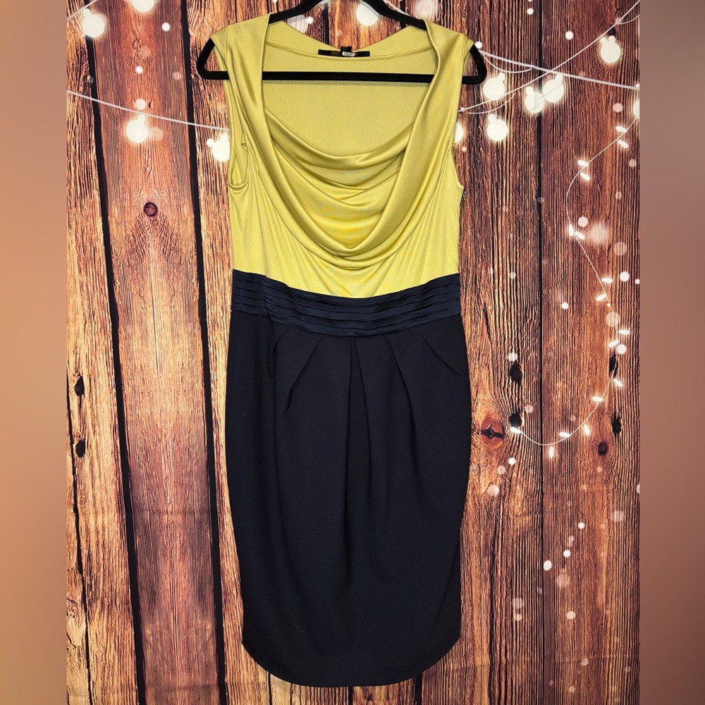 RACHEL Rachel Roy Yellow and Navy Midi Dress Silk waist / Wool Bottom
